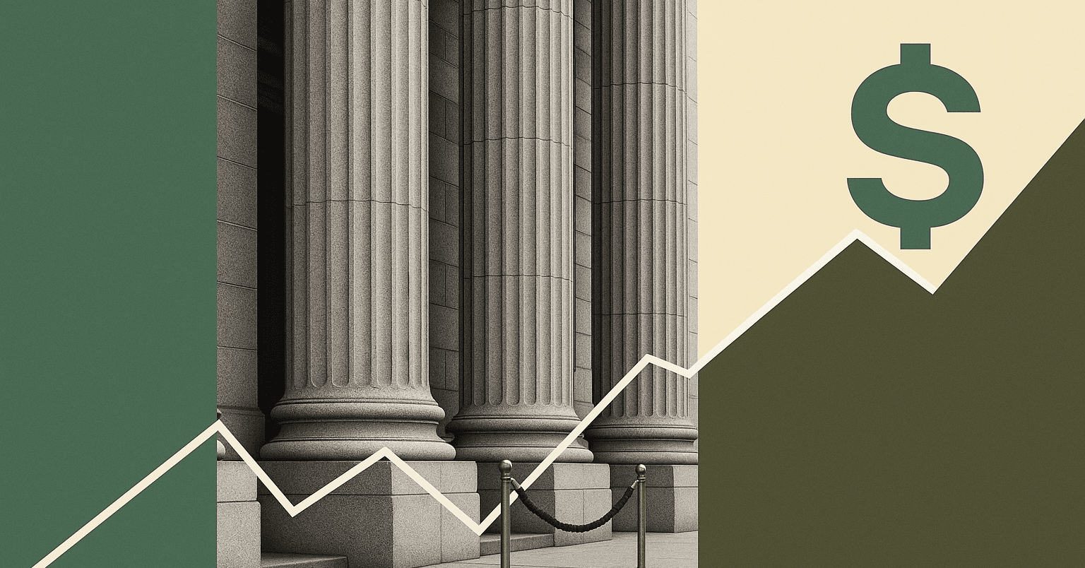 A velvet-rope stanchion at the entrance of a neoclassical financial institution, symbolizing the accredited-investor threshold to private markets