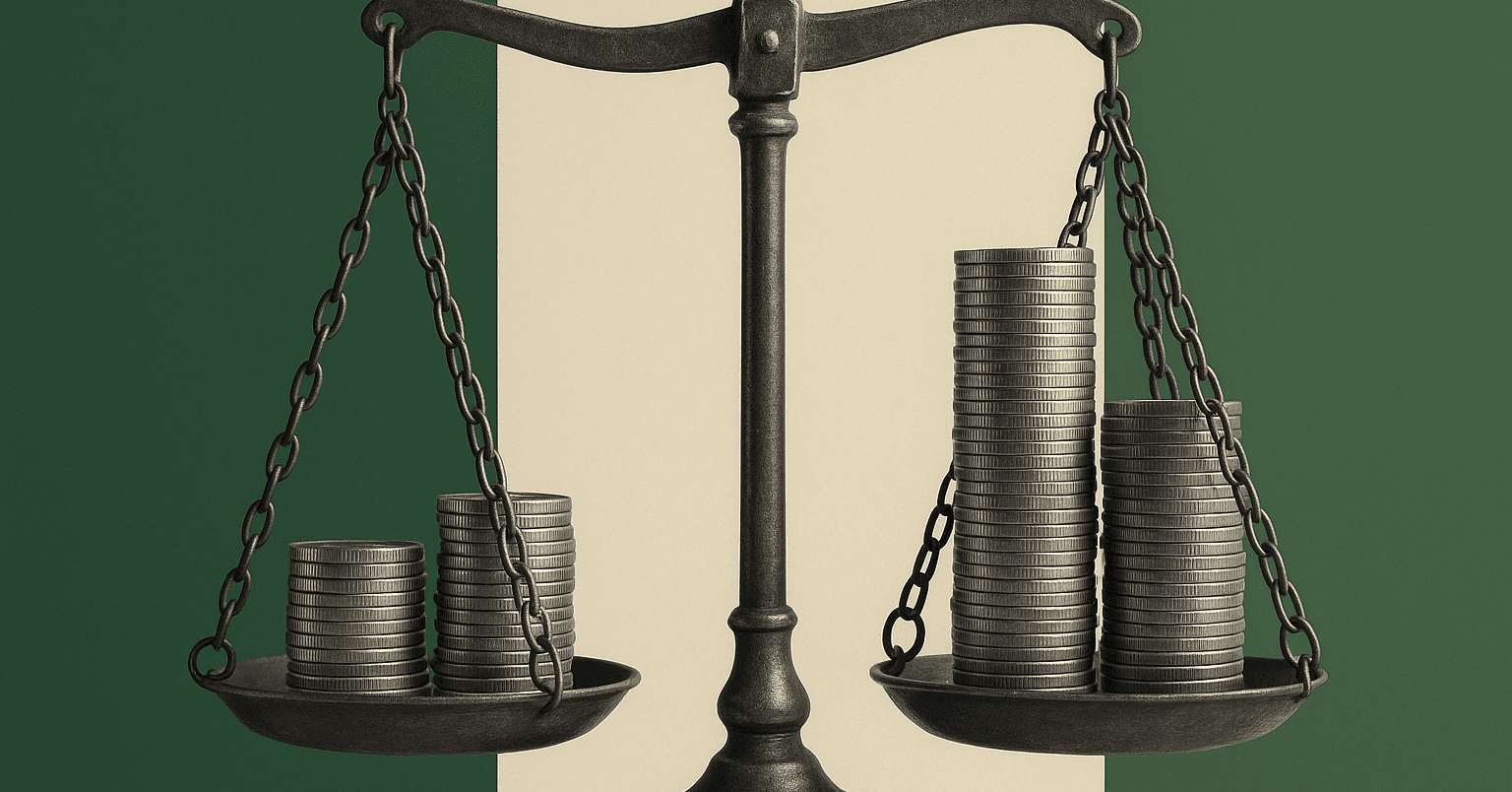 A pair of brass balance scales tipped slightly to one side with stacks of silver coins on each pan — representing the recurring transfer between longs and shorts that the funding rate mediates
