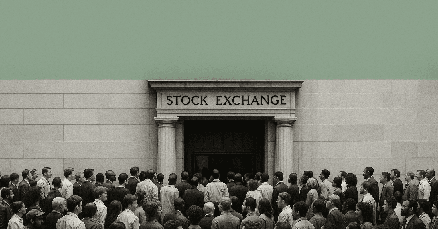 A crowd gathered outside a stock exchange building, representing the tiers of investors who can access pre-IPO companies
