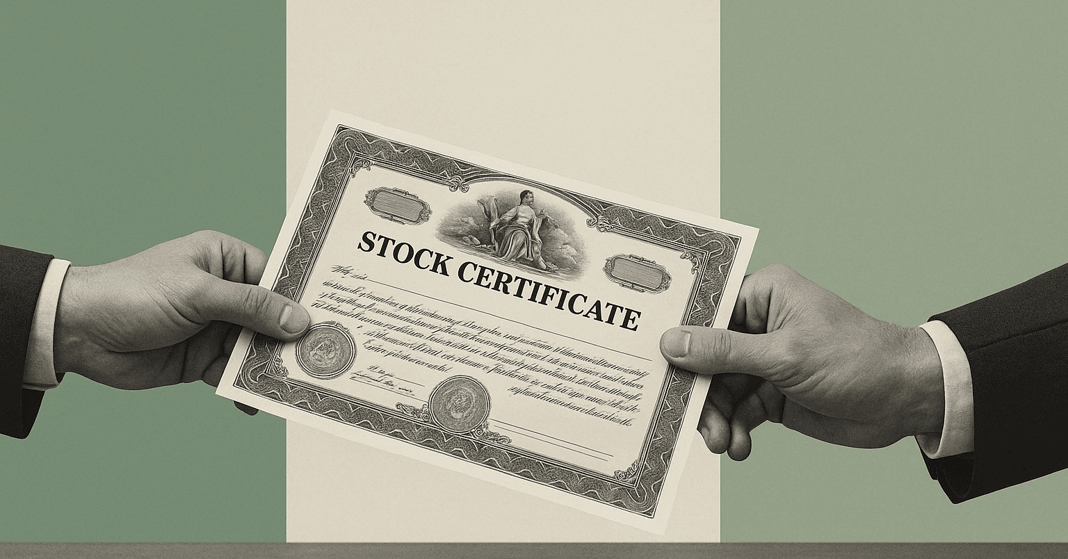 Two hands exchanging a stock certificate — illustrating how secondary markets work