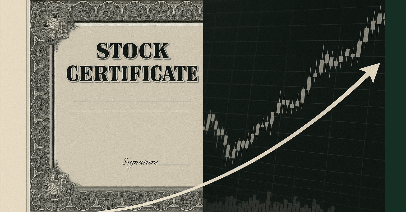 Stock certificate versus price chart — two ways to invest in private companies