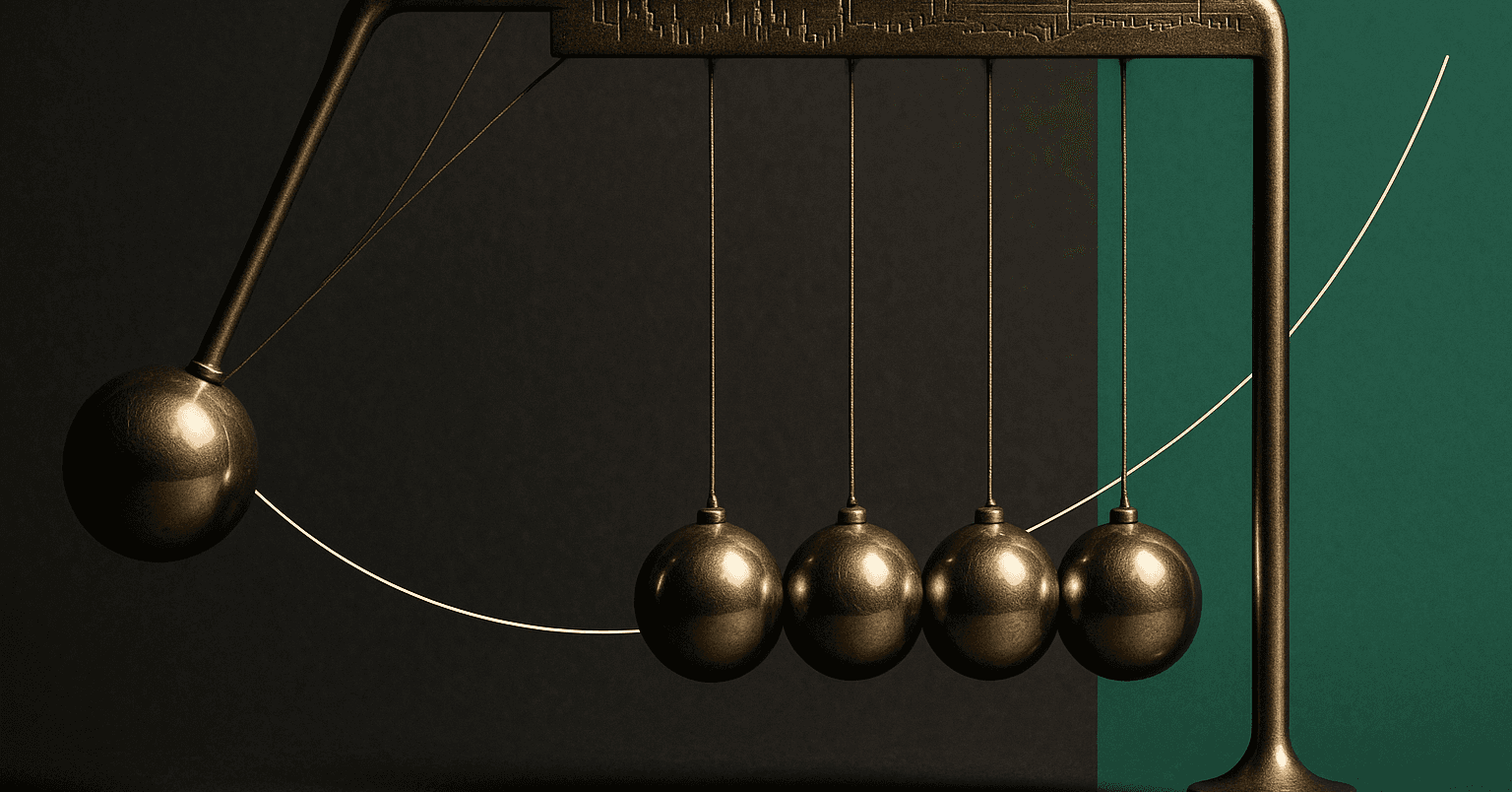A brass Newton's cradle mid-swing with a faint candlestick ticker etched along its frame — symbolizing the perpetual, no-expiration nature of perpetual futures