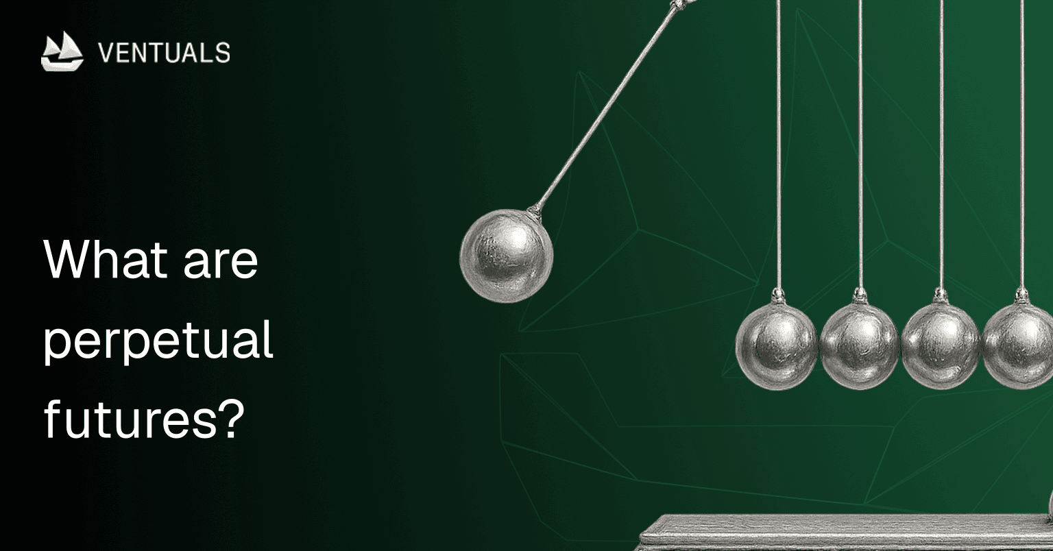A brass Newton's cradle mid-swing with a faint candlestick ticker etched along its frame — symbolizing the perpetual, no-expiration nature of perpetual futures