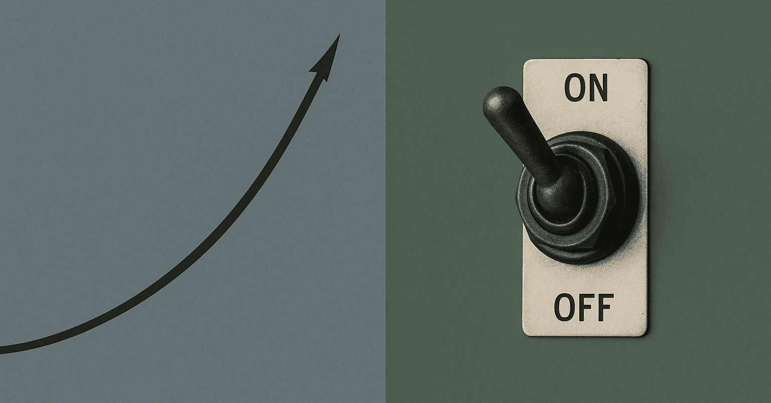 A continuous price line meeting a binary yes/no switch — the core payoff difference between perpetual futures and prediction markets