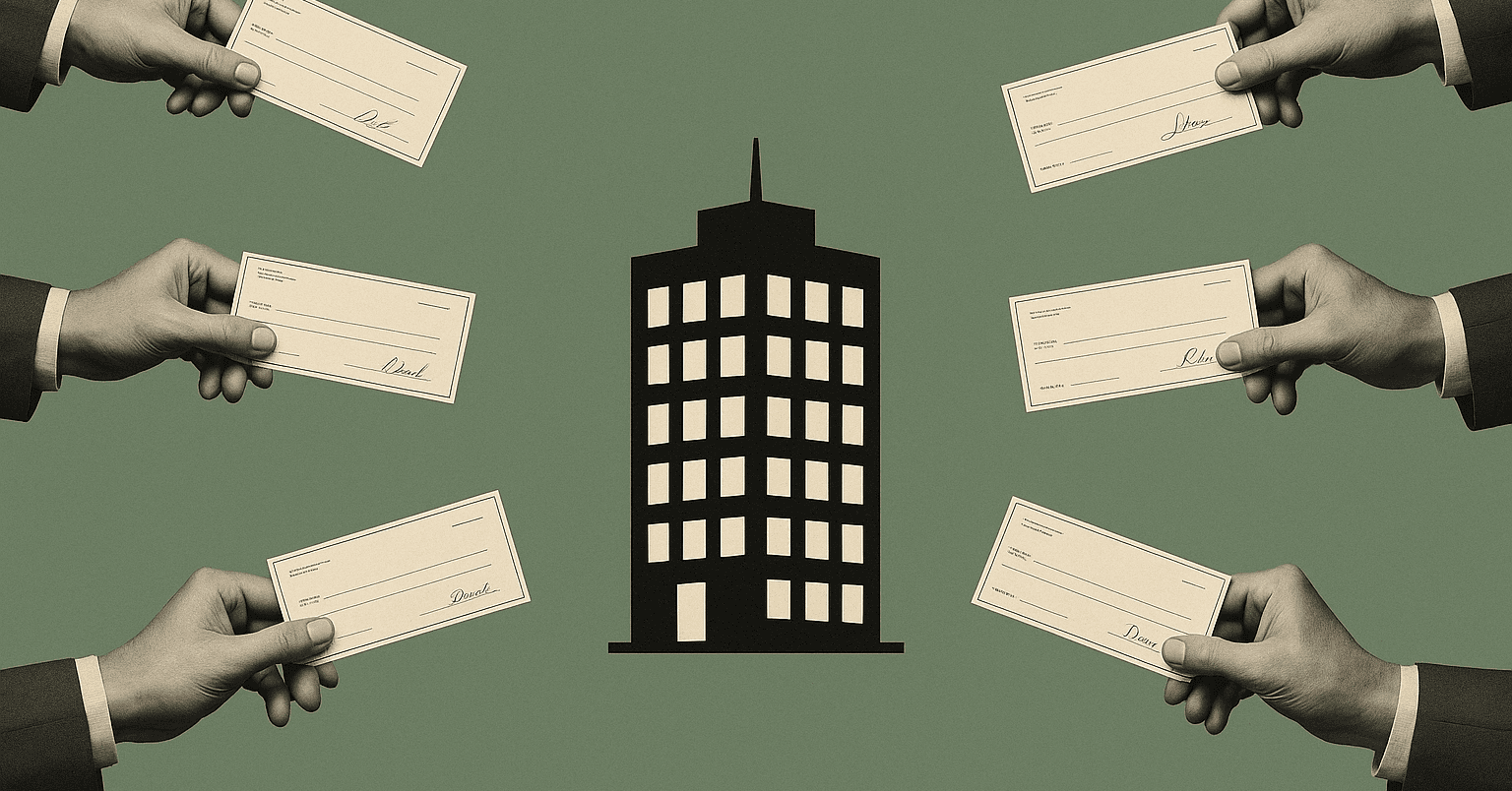 Multiple hands holding checks directed toward a central building, representing how SPVs pool investor capital into a single entity