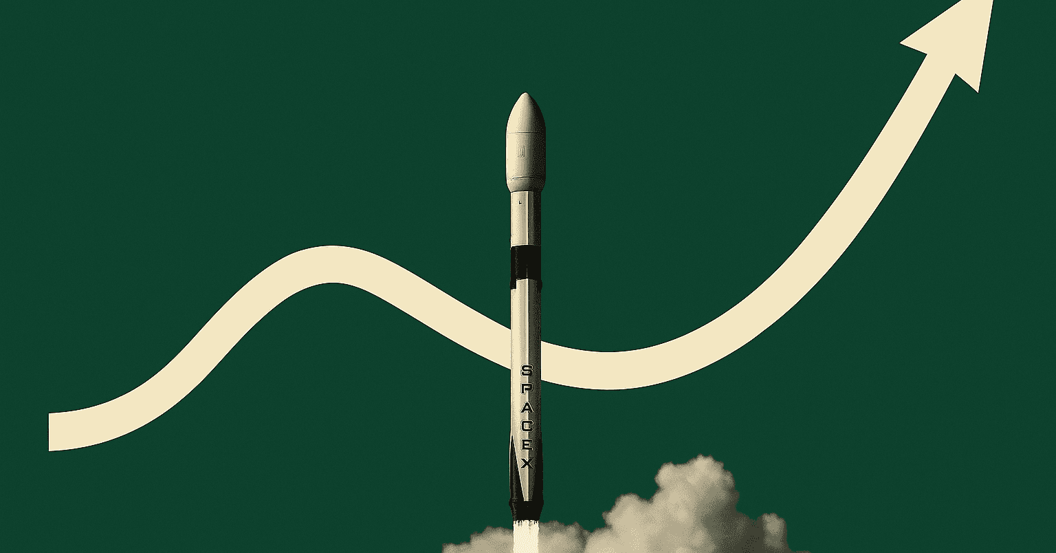 Rocket launch against green panels with upward price chart — symbolizing pre-IPO growth