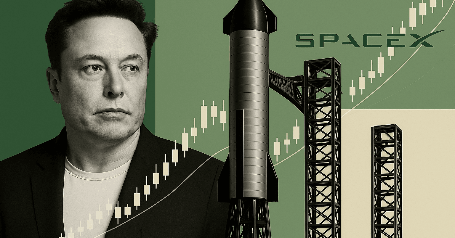 SpaceX Starship on its launch tower with a green candlestick price chart trending upward