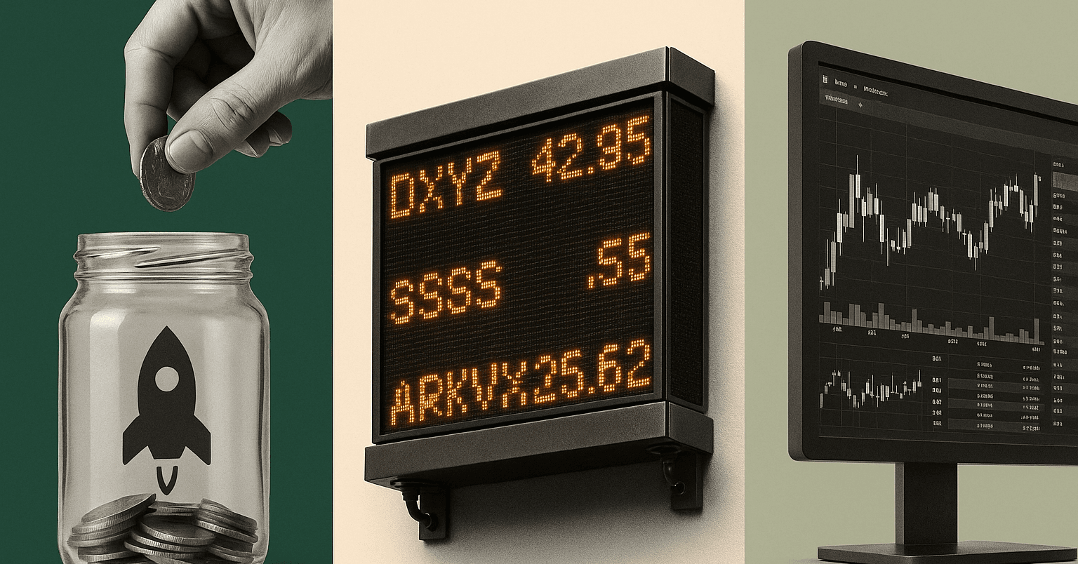 Three paths for retail investors to access unicorn startups — a crowdfunding coin jar, a fund ticker board, and a derivatives trading terminal