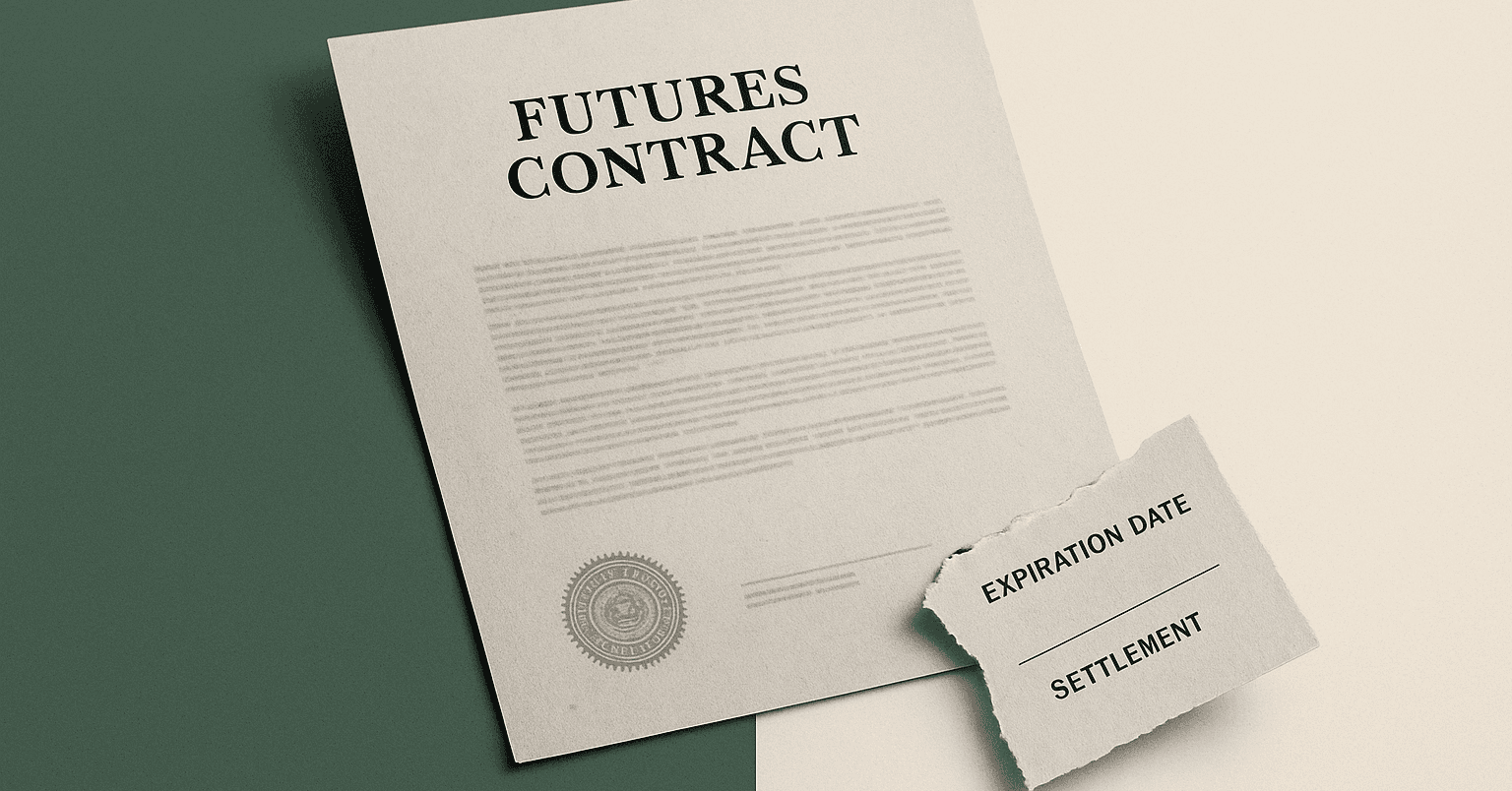 A paper futures contract with the 'Expiration Date' and 'Settlement' section cleanly torn off — symbolizing the defining feature of a perpetual future