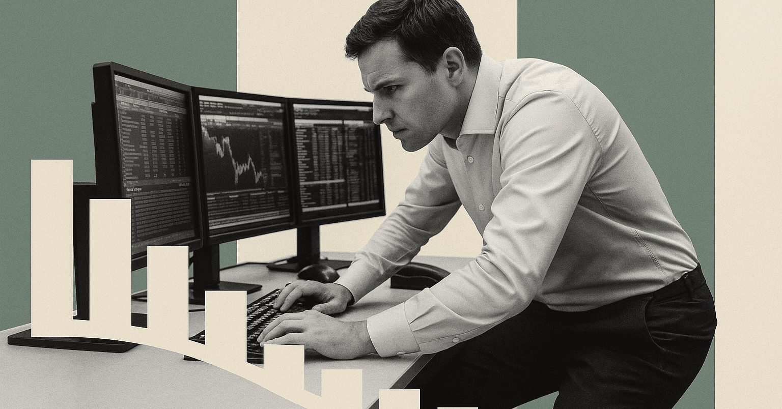A trader at a multi-monitor trading terminal with a descending bar-chart silhouette alongside, illustrating equity falling toward the maintenance margin threshold