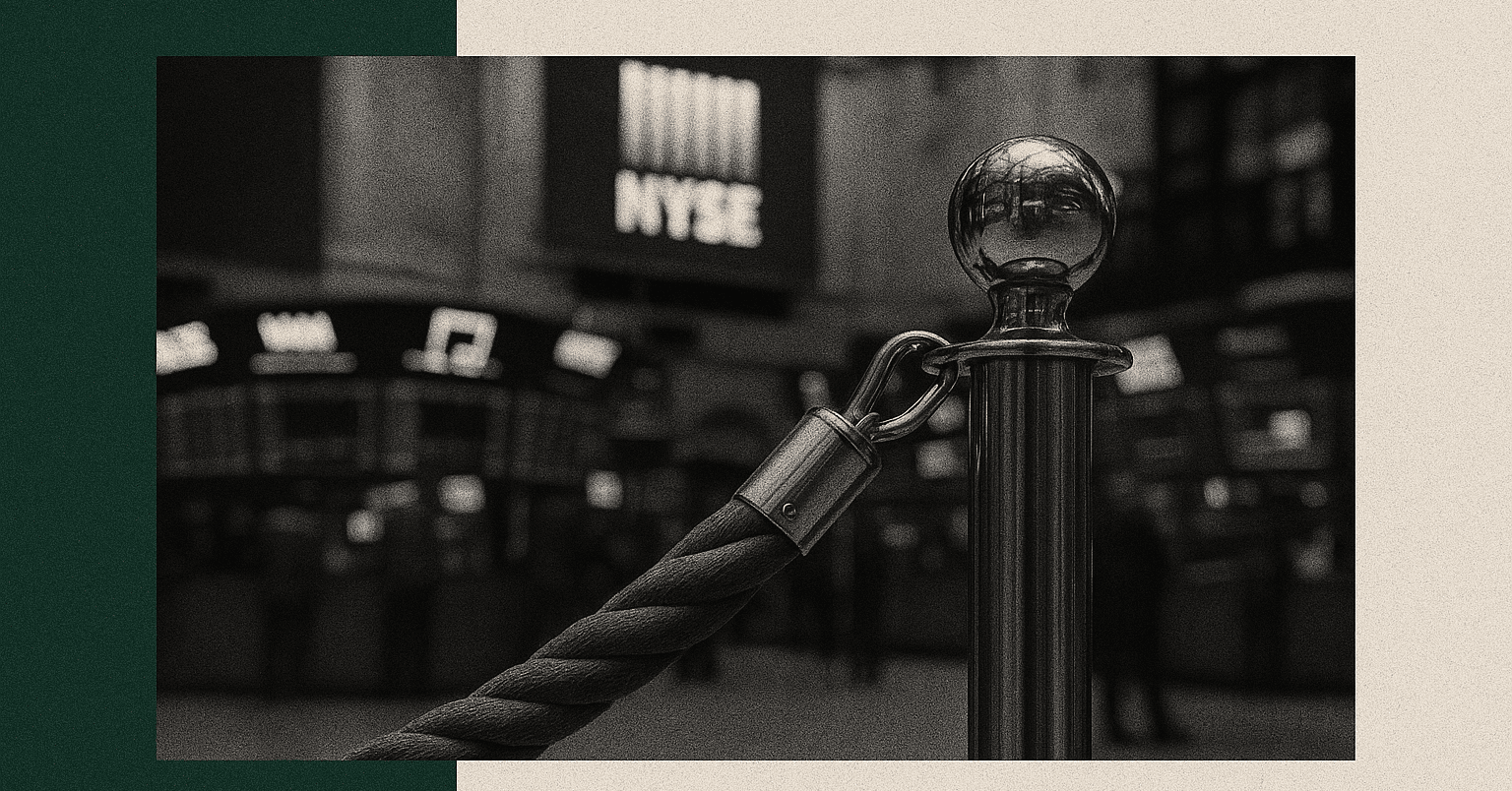 Velvet rope barrier in front of the NYSE trading floor — private company stock is off-limits to most investors